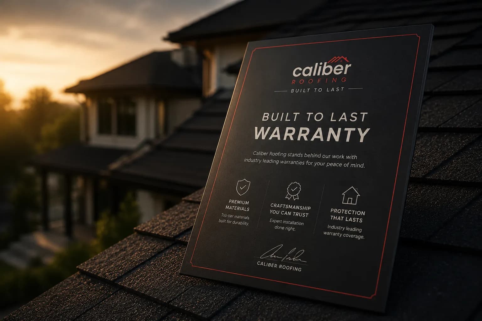 Caliber Roofing manufacturer-backed warranty card for Wilmington NC homeowners